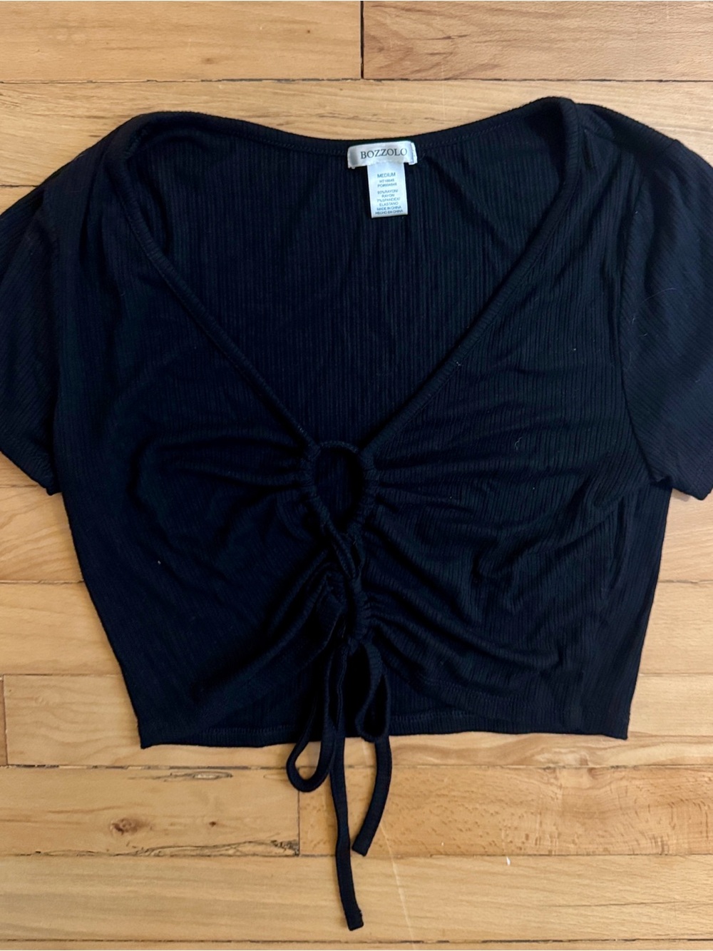Bozzolo Black Ruched Keyhole Tie-Front Ribbed Crop Top Medium